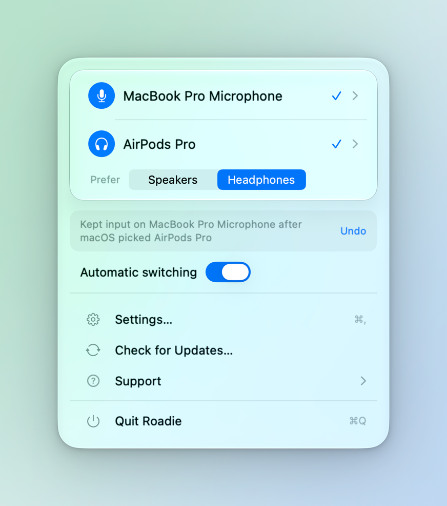 Roadie menu bar panel showing the current microphone and headphones, light mode