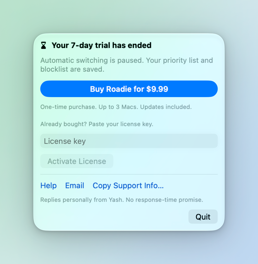 Roadie menu bar panel after the 7-day trial ended, with Buy Roadie and a license key field, light mode
